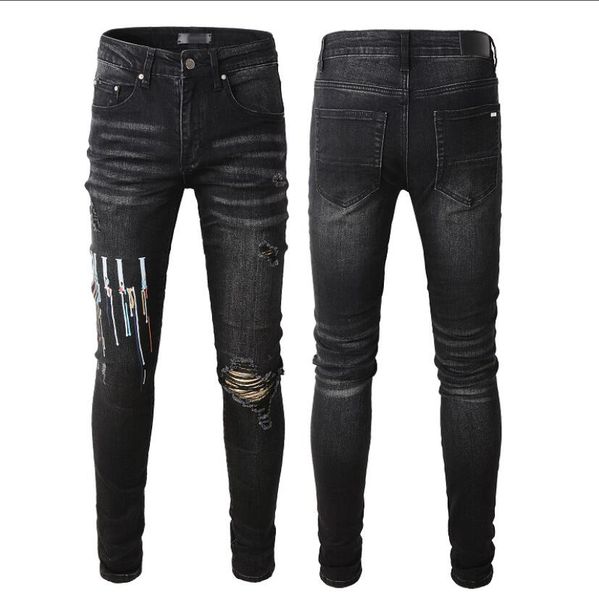 

22ss designer jeans mens denim embroidery pants fashion holes trouser us size 28-40 hip hop distressed zipper trousers for male sell, Blue