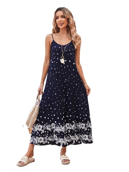 

emery rose polka dot & floral print hidden pocket cami jumpsuit v4gj#, Black;white