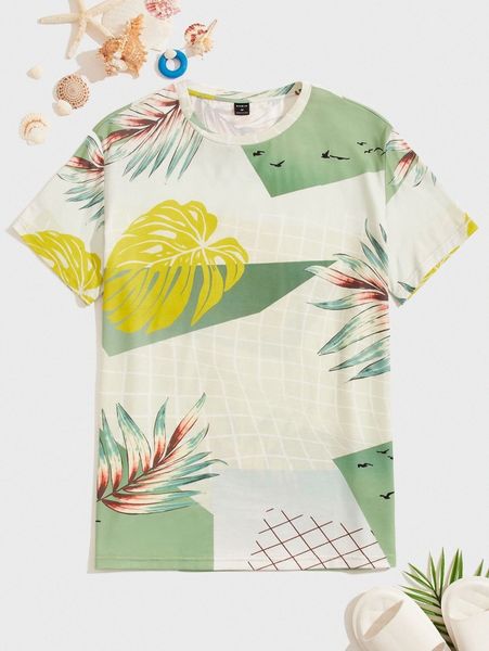 

men tropical and grid print tee w4nx#, White;black