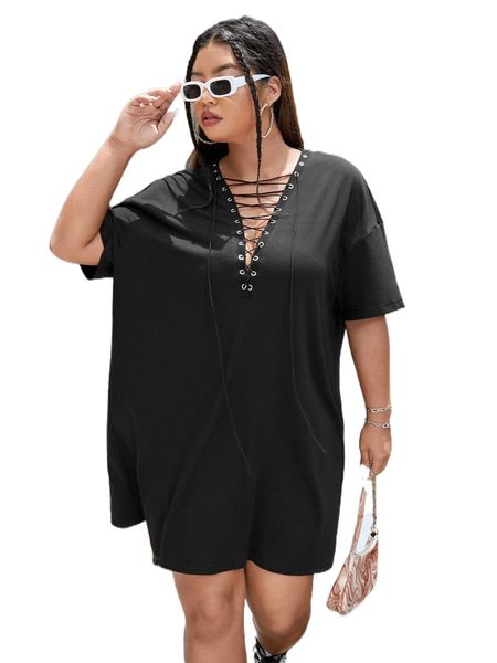 

plus grommet lace up drop shoulder tee dress v7eq#, Black