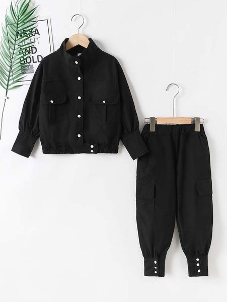 

girls flap pocket lantern sleeve jacket & pants she, White