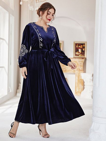 

plus embroidery detail notched neck belted velvet dress y77p#, Black