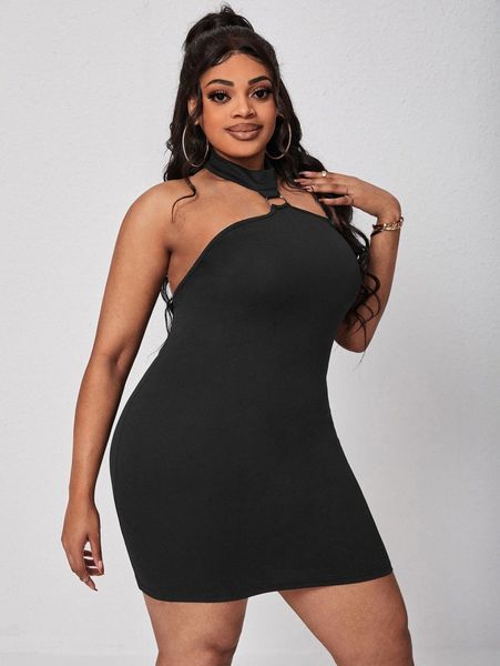 

sxy plus ring linked backless halter bodycon dress 94sj#, Black