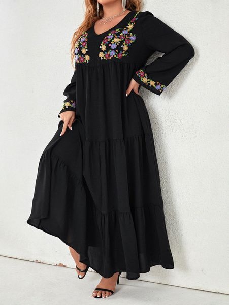 

plus floral embroidery ruffle hem maxi dress c3fe#, Black