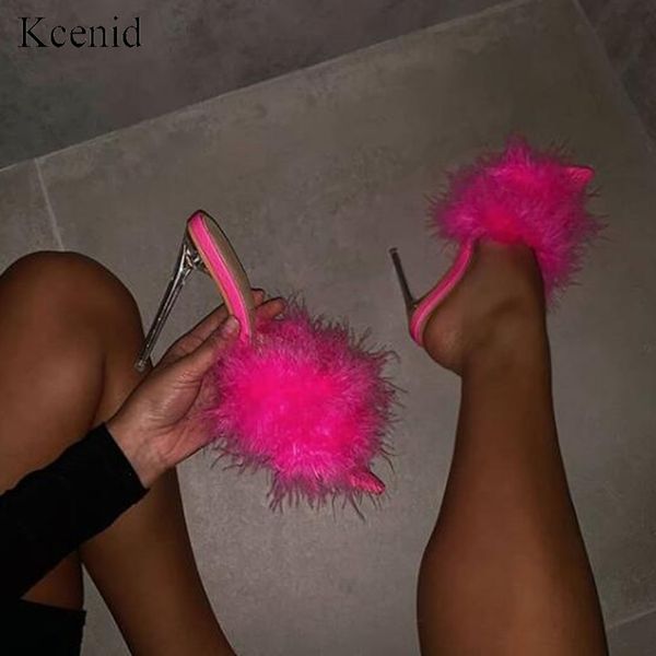 Kcenid PU Couro com Pena Peep Toe Transparente Alto Chinelos Verão Sexy Slip On Clear Heel Slide Mules Sapatos Y200423 Gai Gai Gai