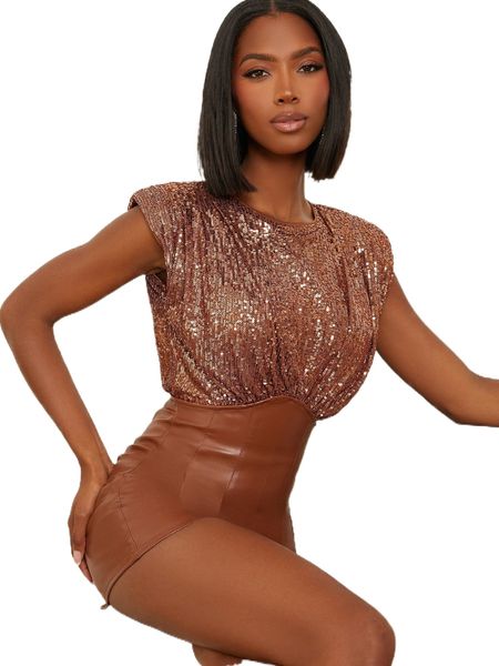 

sequin bodice pu leather shoulder pad open back romper r2ve#, Black;white