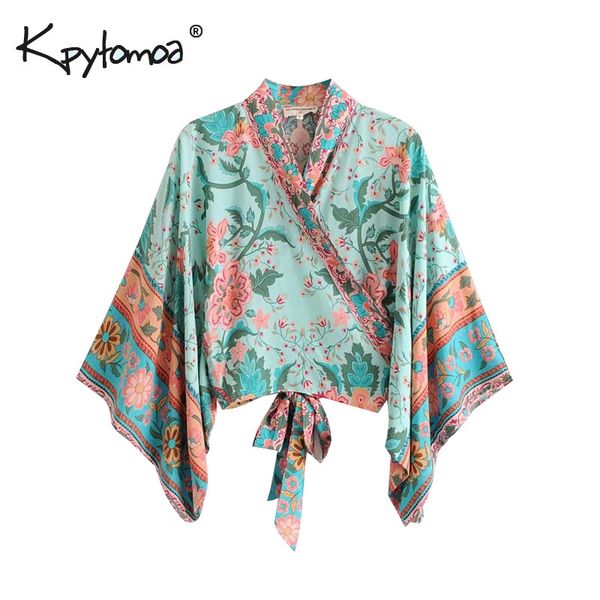 Boho chique verão curto topos vintage pêssego floral impressão quimono moda feminina batwing concha praia camisa blusa mujer