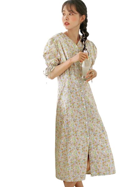 

dazy ditsy floral knot puff sleeve button through dress m0ge#, Black;gray