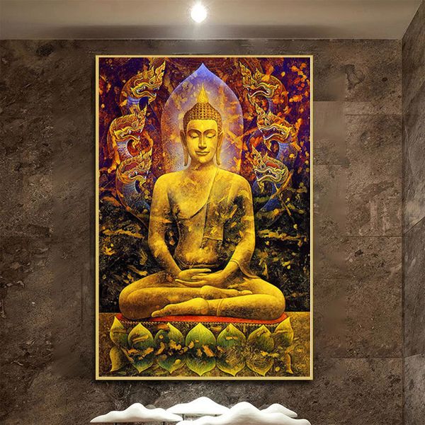 Meditazione Statua di Buddha Tela Pittura Poster moderni Stampe Arte della parete Immagine buddista per soggiorno Decorazioni per la casa Regalo Cuadros