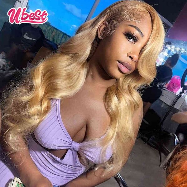 

13x6 honey blonde colored body wave human hair wigs hairline 13x4 lace frontal wig transparent lace wig for black women 220719