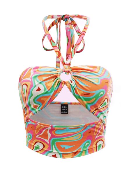 

allover print o-ring cut out tie backless halter e6mo#, White