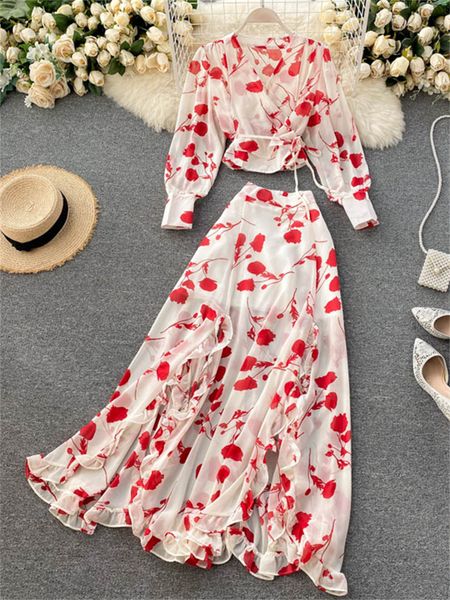 Feminino boêmio moda elegante duas peças saia conjunto floral impresso manga longa topos férias praia casual maxi vestido conjunto cx220420