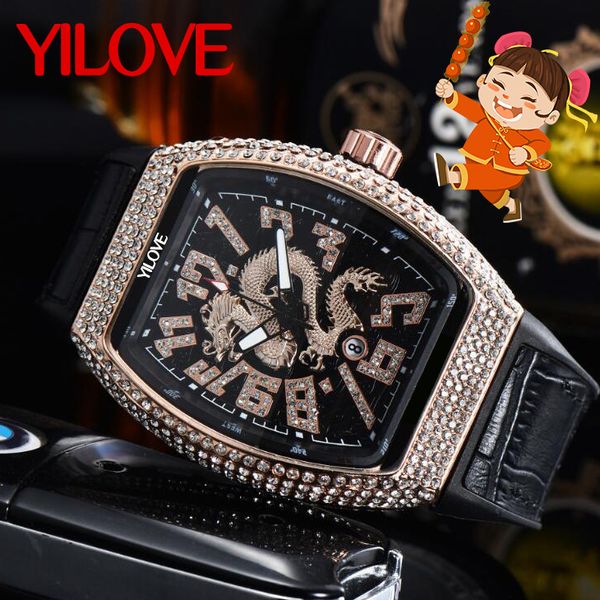 Orologio di lusso da uomo di design a forma di drago cinese Top Trend Classico movimento al quarzo con diamanti Orologio da polso con cassa in acciaio inossidabile con barilotto da 43 mm Orologio da polso in pelle