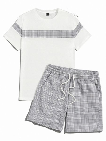 

men plaid tee & drawstring waist shorts p1r0#, Gray