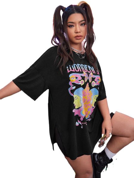 

plus letter graphic drop shoulder tee o6aj#, Black