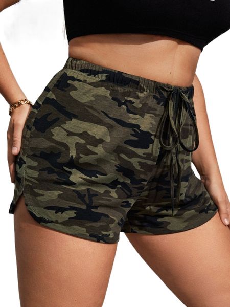 

plus camo print drawstring waist shorts w9pm#, Black