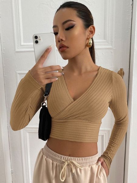 

surplice neck rib-knit crop tee o893#, White
