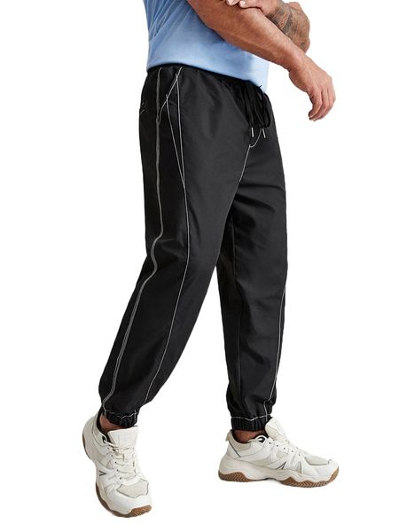 

extended sizes men drawstring waist titching pants 43f1#, Black