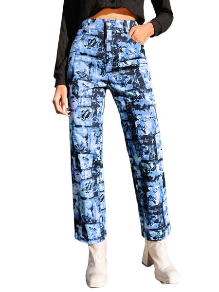 

butterfly and patchwork print straight leg pants x0xy#, Black;white