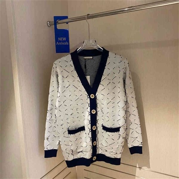 

2022 new special offer autumn full print color blocking v-neck cardigan fashion women's coat knitted long sleeve cream qingdao 89lh, White;black