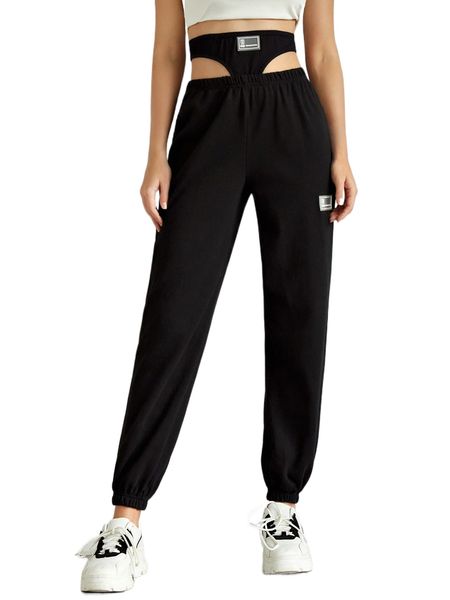 

cutout waist patched detail sweatpants r2b7#, Black;white
