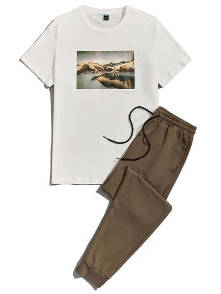 

men picture print tee and sweatpants set i6ws#, Gray
