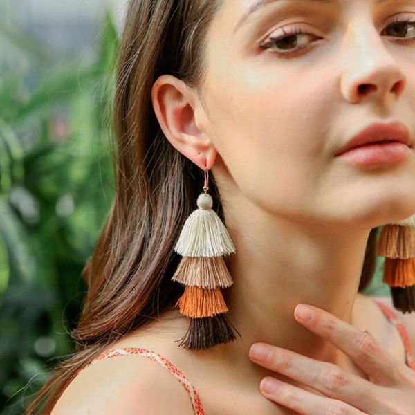 

bohemian 4 layered dangle earrings for women ethnic long fringe multi color statement tassel earring girls fashion jewelry, Silver