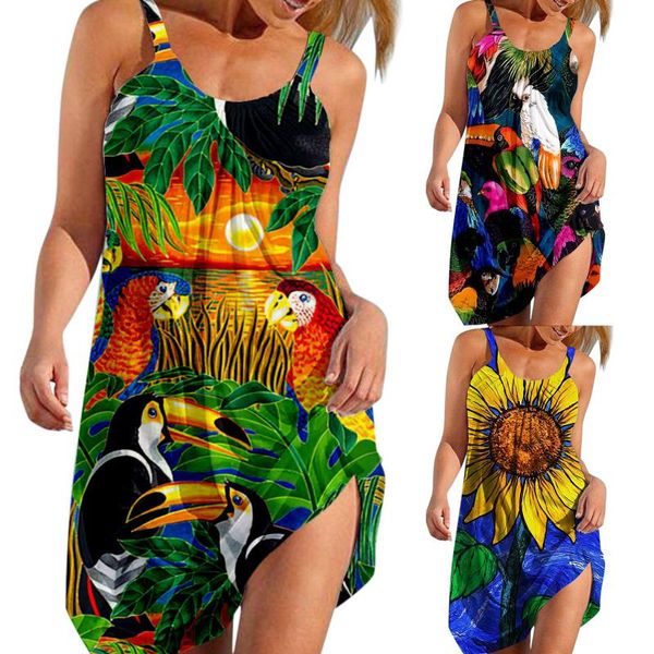 Vestidos casuais mulheres vestido sem mangas sexy bonito boêmio 2022 moda desenhos animados impressão vintage solta praia robe femme été