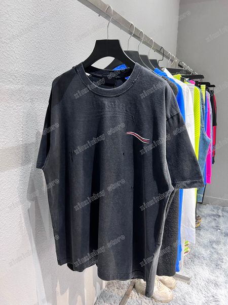 

22ss men women designers t shirt tee wave embroidery hole break short sleeve man crew neck paris streetwear white black red xinxinbuy xs