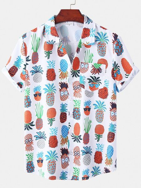 

romwe guys pineapple print button front shirt i3pl#, White;black