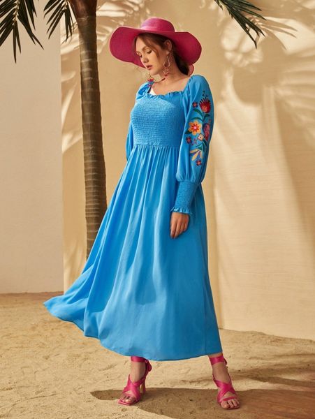 

plus square neck flounce sleeve shirred bodice dress x3ro#, Black