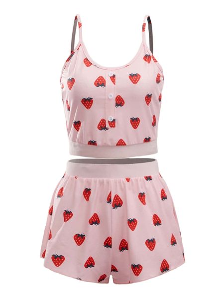

strawberry print button detail cami & shorts pj set 07fv#, Black;red