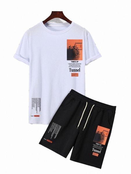 

men letter graphic tee & shorts u4am#, Gray