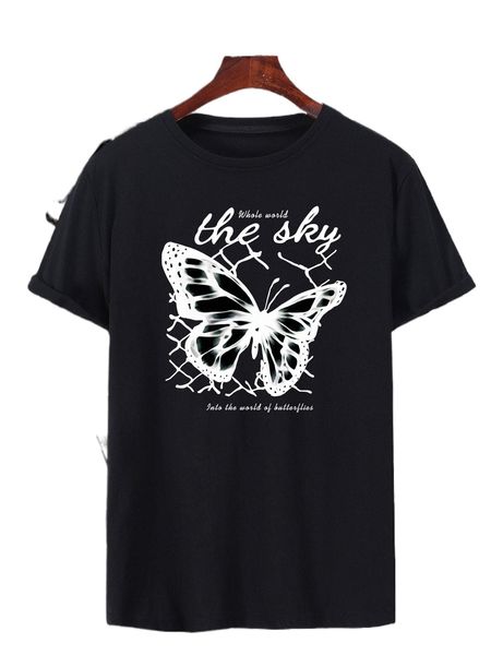 

men slogan & butterfly print tee l3gn#, White;black