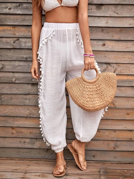 

tassel decor cover up pants s5cr#, White;black