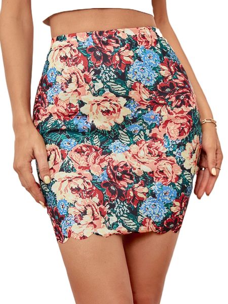 

floral print scallop trim bodycon skirt e0bp#, Black