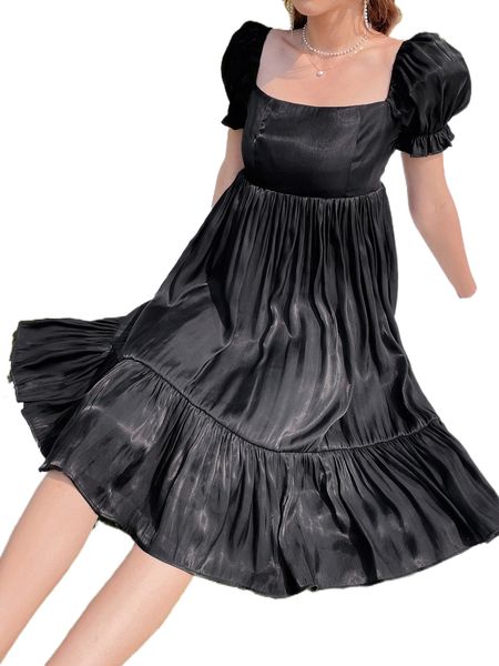

puff sleeve ruffle hem dress j8yl#, Black;gray