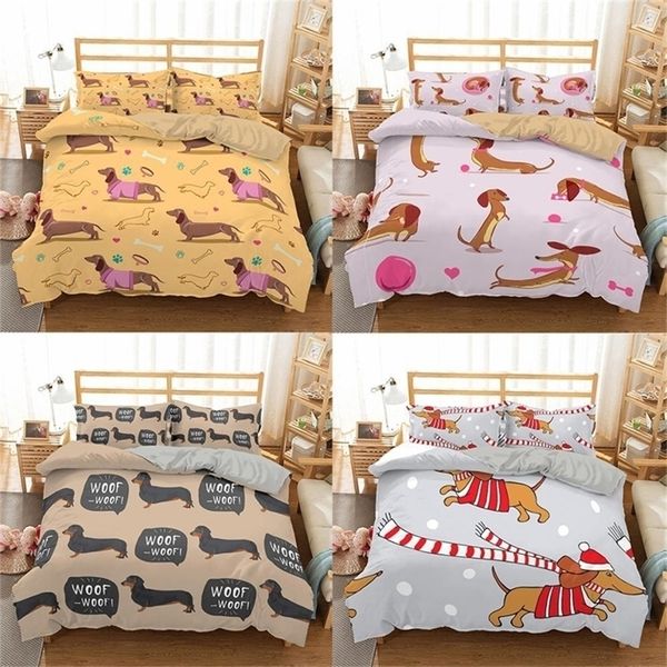 Boniu fofo Dachshund Salsicing Bedding Set Cartoon Dog Kids Cover Duvet Conjunto de animais de estimação Terped 3pcs Queen King Size caldos de cama 201114