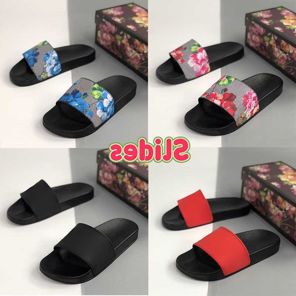 

2022 men designer slides slipper sandal shoes with box dust bag receipt floral leather rubber slippers summer sandals beach slide flat with, Black