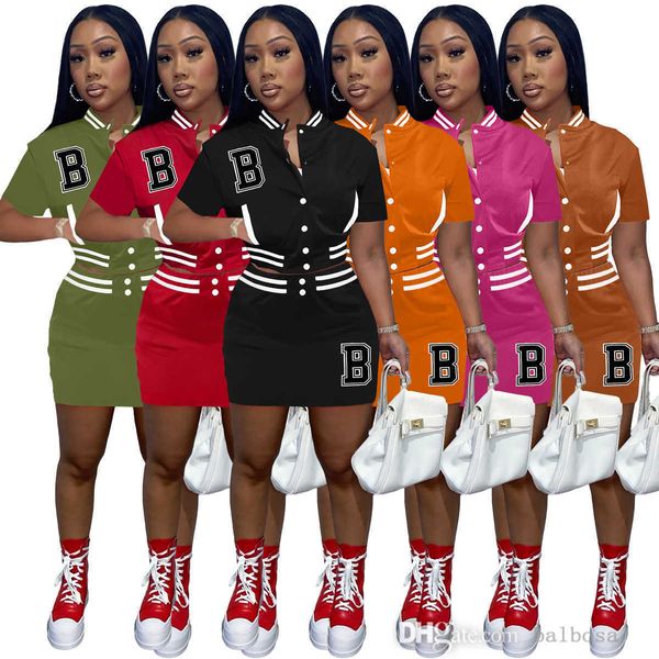 

summer womens two piece dress baseball uniform letter b printed short sleeve jacket and mini skirts outfits, White