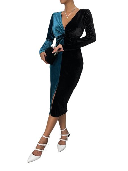 

two tone twist front split thigh velvet dress e1ap#, Black;gray