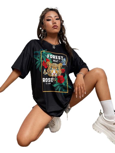 

drop shoulder tropical & slogan & leopard graphic tee v9ce#, White