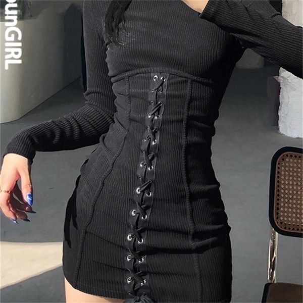 

heyoungirl tie up bandage black bodycon dress autumn basic long sleeve knitted mini dresses ladies skinny casual winter fashion 220406, White;black