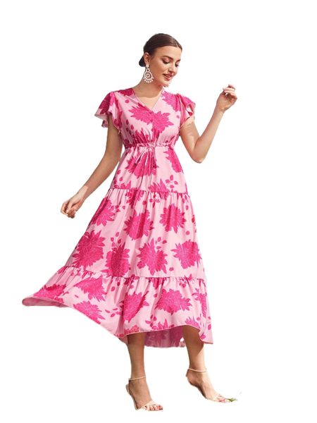 

floral v-neck flutter sleeve ruffle hem dress s0ws#, Black;gray