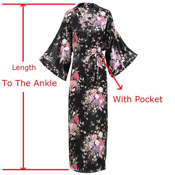 

plus size lady long sleepwear robe print flower kimono bathrobe casual home clothes rayon bride bridesmaid dressing gown, Black;red