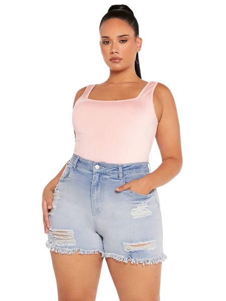 

sxy plus high waist ripped raw hem denim shorts 967m#, White;black