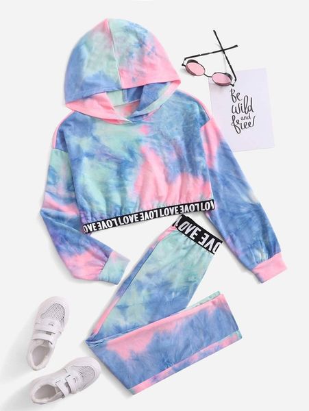 

girls tie dye contrast letter tape drop shoulder hoodie & sweatpants she, White