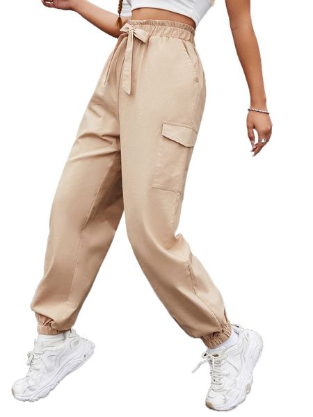 

paper bag waist knot front flap pocket pants b7ew#, Black;white
