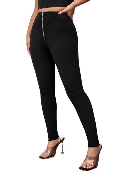 

petite zip front skinny pants 30op#, Black;white