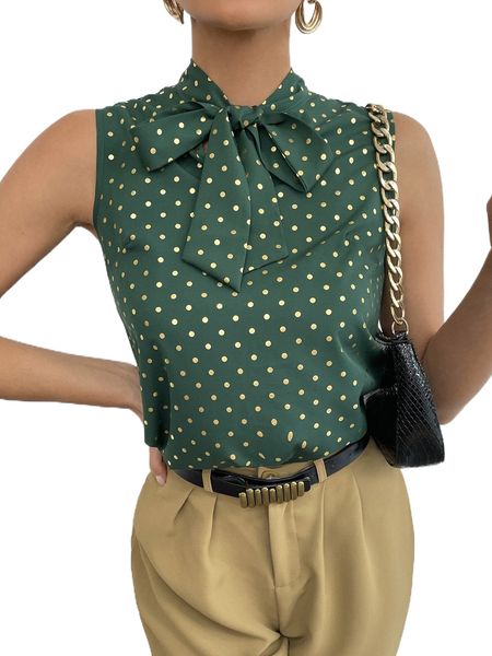 

gold dot print tie neck sleeveless blouse b3qh#, White